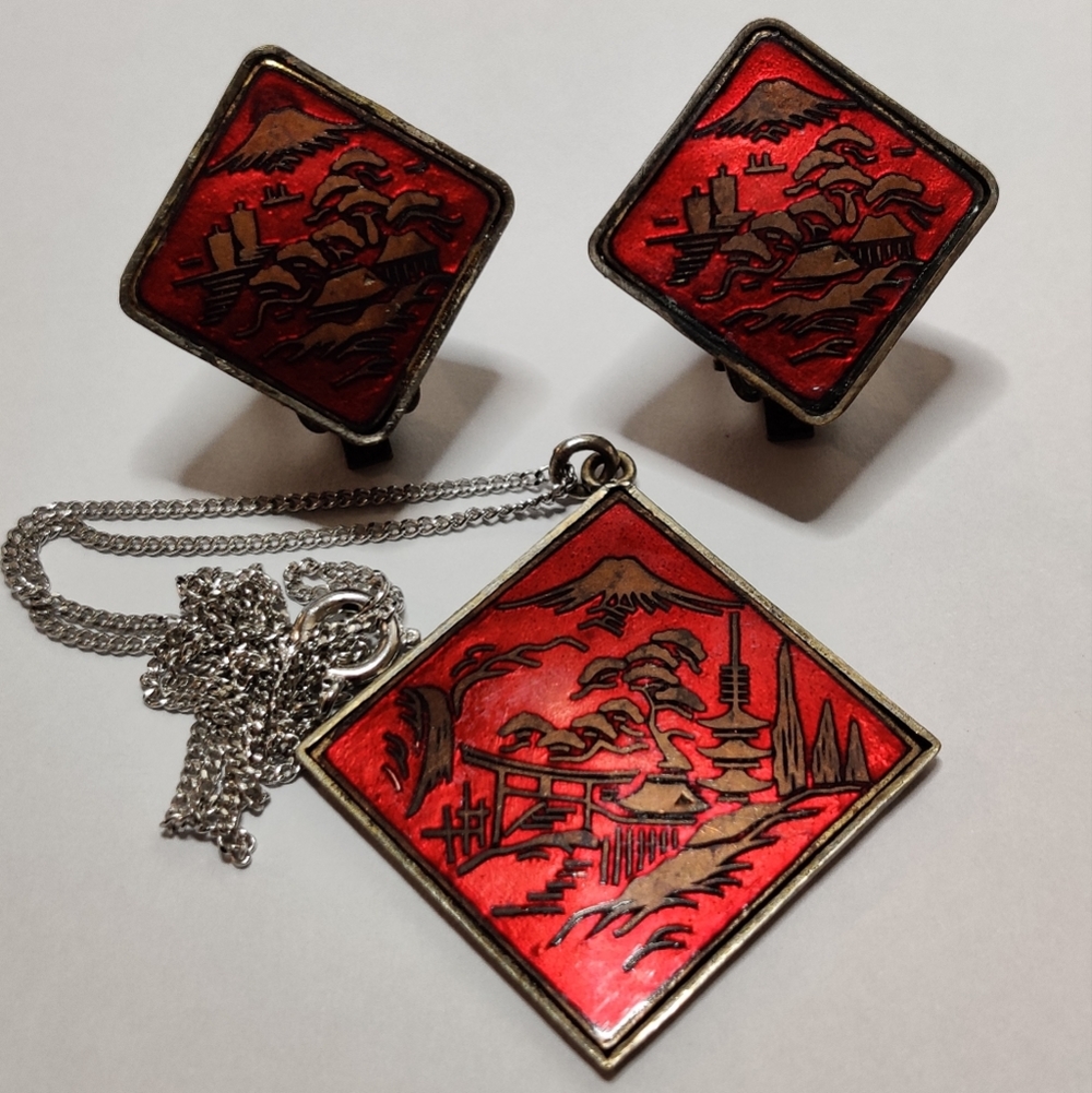 Vintage Japan Enamel Damascene Style Necklace and Earrings Set